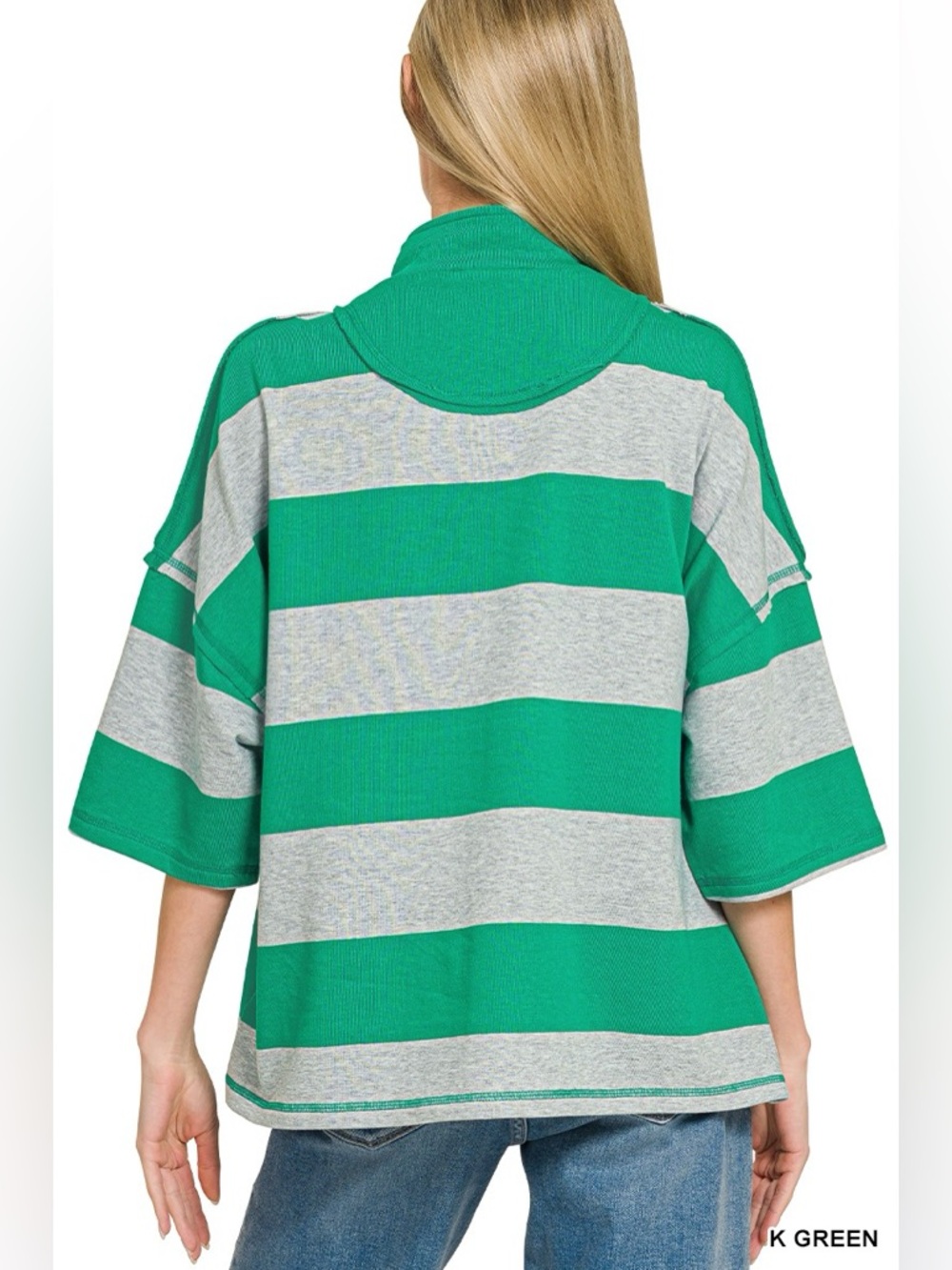 Zenana Frenchterry Striped Half Zip Top & Shorts Set - Picture 3 of 12